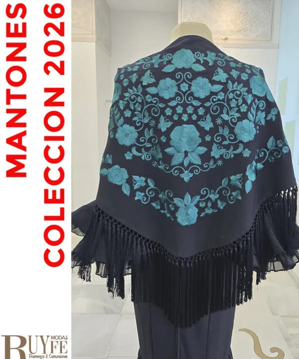 Mantón flamenco negro/aguamarina